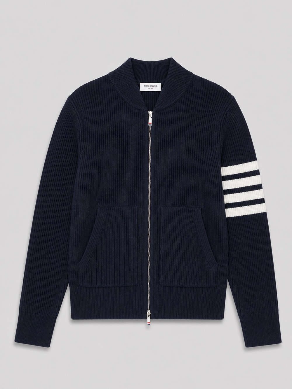 Thom Browne Navy Zip-Front Ribbed 4- Bar cardigan